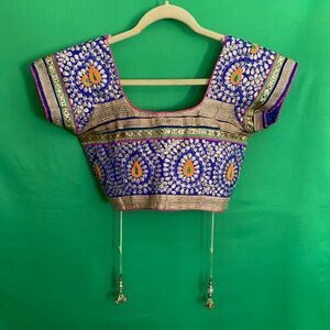 HANDMADE Authentic Embroidered U Neck Blue & Gold Saree Choli Bollywood Small